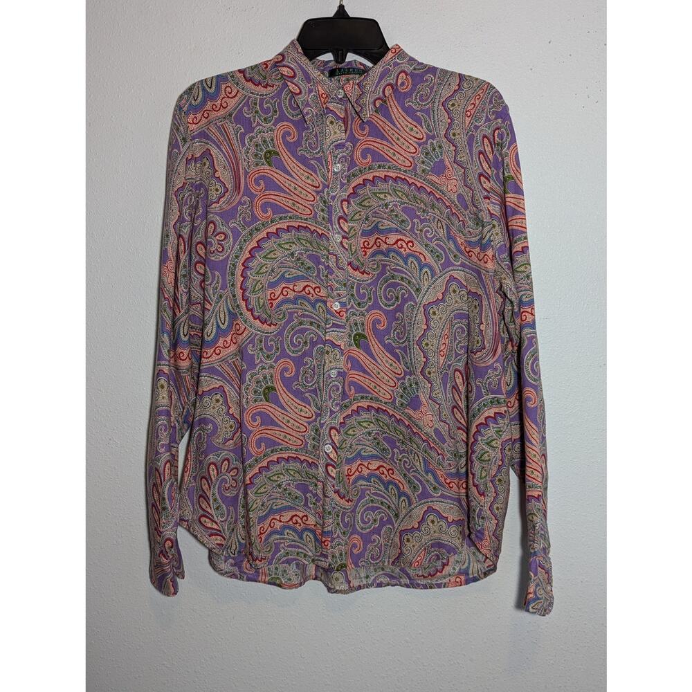 Lauren Ralph Lauren 100% Linen Paisley Button Down Shirt Lilac Red size S